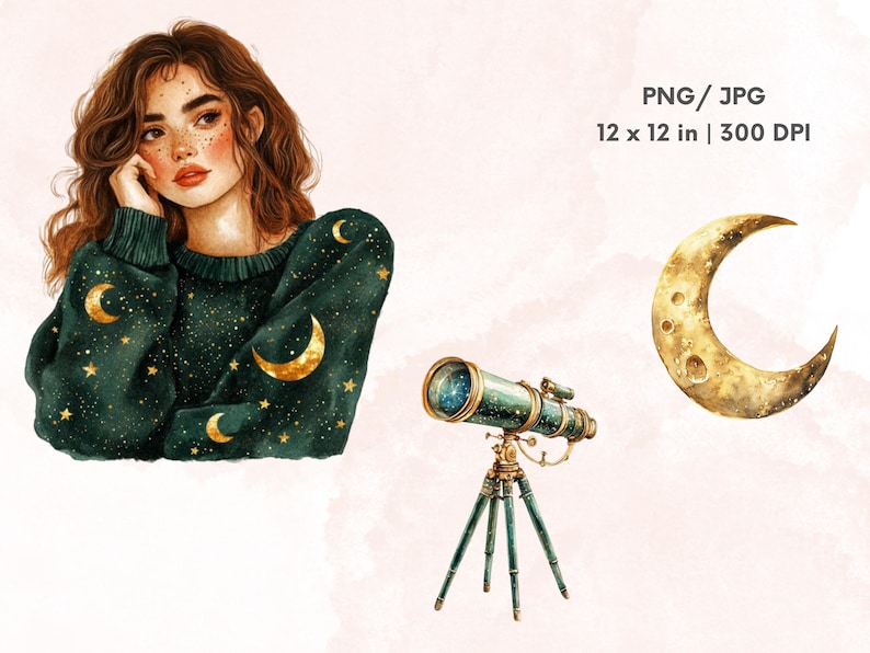 May include: A watercolor illustration of a woman with brown hair wearing a green sweater with gold stars and moons. The woman is looking to the side. There is a telescope and a gold crescent moon in the background. PNG/JPG 12 x 12 in | 300 DPI