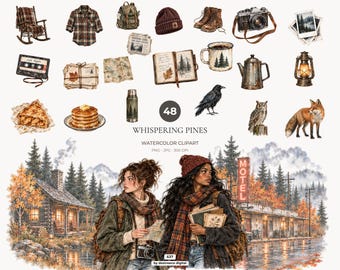 Pacchetto di clipart autunnali ad acquerello, avventura nella foresta autunnale, set PNG di mistero vintage - 637