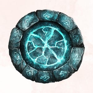 K&ouml;nnte beinhalten: Eine runde Steinplattform mit einem leuchtend blauen Zentrum. Die Plattform ist von einem Ring aus kleineren Steinen umgeben, die jeweils ein anderes Symbol tragen.