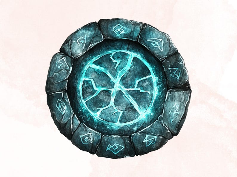 K&ouml;nnte beinhalten: Eine runde Steinplattform mit einem leuchtend blauen Zentrum. Die Plattform ist von einem Ring aus kleineren Steinen umgeben, die jeweils ein anderes Symbol tragen.