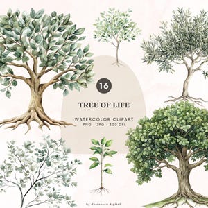 May include: Watercolor clipart featuring 16 tree illustrations. The trees vary in size and style, showcasing lush green foliage and detailed brown trunks and roots. The text "TREE OF LIFE" is included.