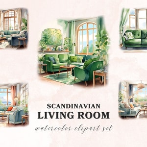 Scandinavian Living Room Watercolor Clipart, 16 PNG Clipart Bundle, Printable Graphics, Scrapbook Digital Download zdjęcie 3