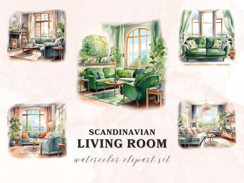 Scandinavian Living Room Watercolor Clipart, 16 PNG Clipart Bundle, Printable Graphics, Scrapbook Digital Download zdjęcie 3