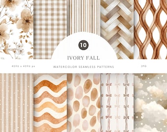 Neutral Fall Seamless Patterns, Watercolor Beige Digital Paper, Minimal Scrapbook Background JPG - P63