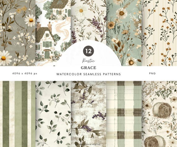 Rustic Seamless Patterns, Rustic Grace Digital Paper, Vintage Patterns, Repeating Pattern, Scrapbook Paper, Digital Download, Commercial Use