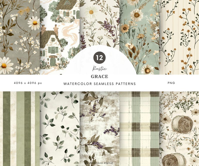 May include: Twelve watercolor seamless patterns in a rustic style with a cottage, flowers, and a plaid pattern. The patterns are 4096 x 4096 pixels and are in PNG format.