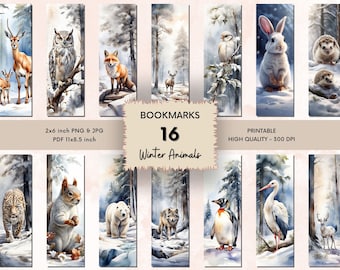 16 Winter Animals Printable Bookmarks, Watercolor Bookmark Sheets, PNG Bookmark Sublimation, Winter Bookmark, Print and Cut Bookmark Set
