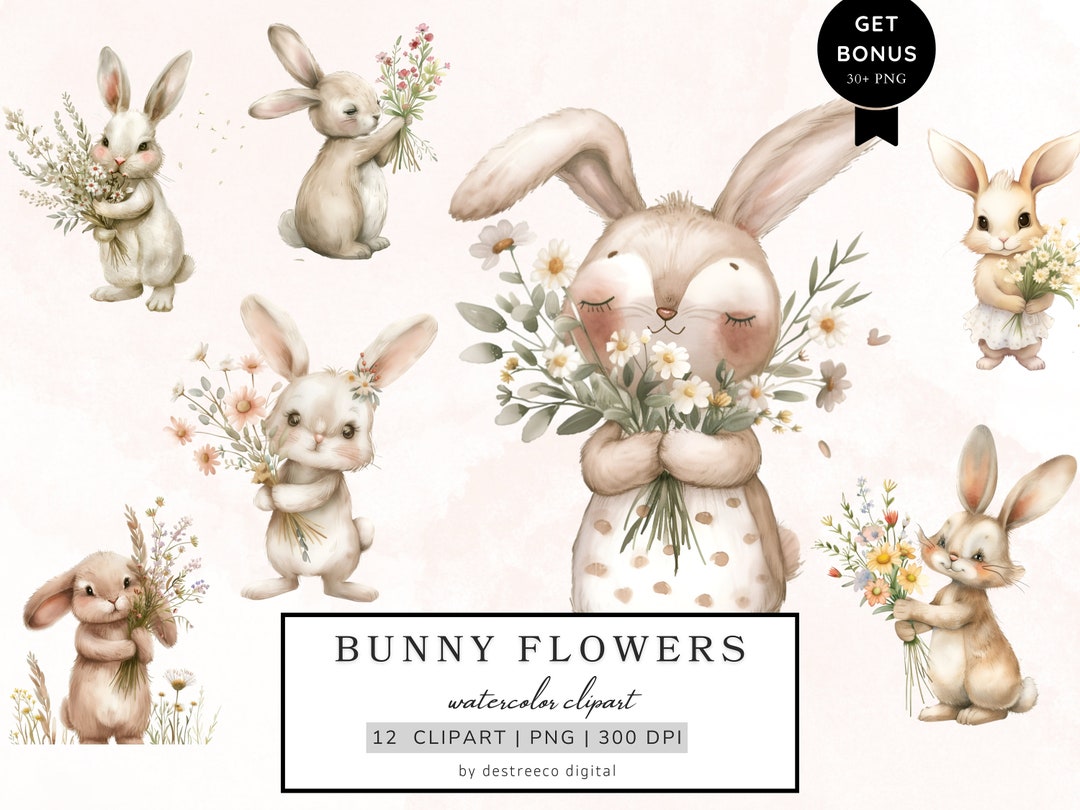 Watercolor Bunnies Clipart Bundle, Bunnies With Flowers Png, Cute Bunny ...