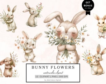 Watercolor Bunnies Clipart Bundle, Bunnies with Flowers Png, Cute Bunny, Rabbit Clipart, Spring Wildflowers, Mixed Media, Digital Download