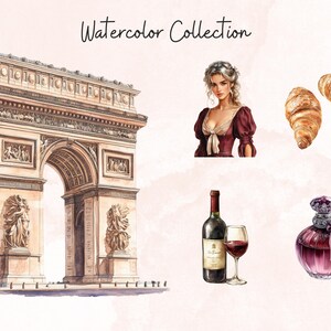 May include: Watercolor illustration collection featuring a Parisian landmark, a woman in a red dress, a bottle of wine with a glass, a perfume bottle, and croissants.