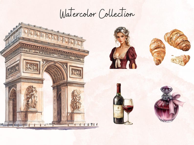 May include: Watercolor illustration collection featuring a Parisian landmark, a woman in a red dress, a bottle of wine with a glass, a perfume bottle, and croissants.