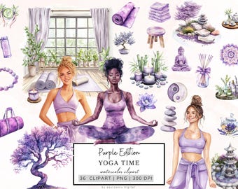Yoga Clipart Bundle, Watercolor Purple Yoga Time Pngs, Yoga Lover, Meditation Clipart, Lotus Clipart, Self Care Png, Relaxation Fitness Jpgs