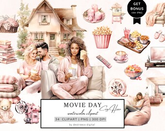 Aquarel film dag clipart, bioscoop clipart, film clipart, Cottagecore clipart, popcorn, pizza, filmavond, pyjama, Cosy Home png-bestanden