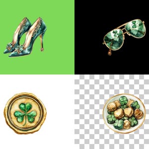 May include: A set of four gold-coloured chocolate candies in the shape of hearts, each with a green shamrock on top. The candies are in a white bowl with a gold rim. The bowl is on a checkered background.