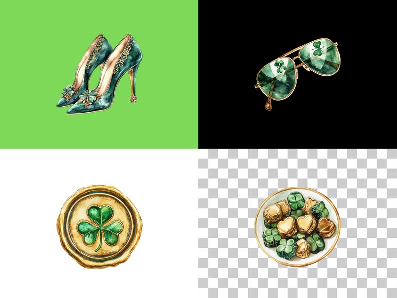 May include: A set of four gold-coloured chocolate candies in the shape of hearts, each with a green shamrock on top. The candies are in a white bowl with a gold rim. The bowl is on a checkered background.