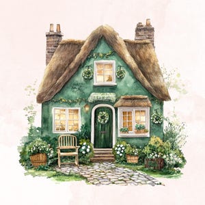 May include: A green cottage with a thatched roof, a wreath on the door, and a rocking chair on the porch. The cottage is surrounded by lush greenery and flowers.