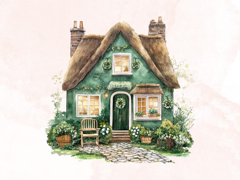 May include: A green cottage with a thatched roof, a wreath on the door, and a rocking chair on the porch. The cottage is surrounded by lush greenery and flowers.