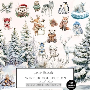 Clipart animaux hiver, clipart hiver, animaux enneigés Png, graphismes hiver, graphismes animaux mignons, renne, ours polaire, téléchargement numérique