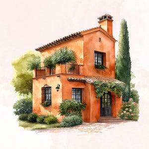 May include: A watercolor painting of a two-story orange house with a balcony, a green roof, and a green tree in front. The house has a black door and windows.