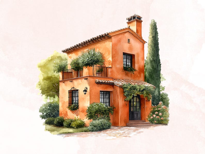 May include: A watercolor painting of a two-story orange house with a balcony, a green roof, and a green tree in front. The house has a black door and windows.