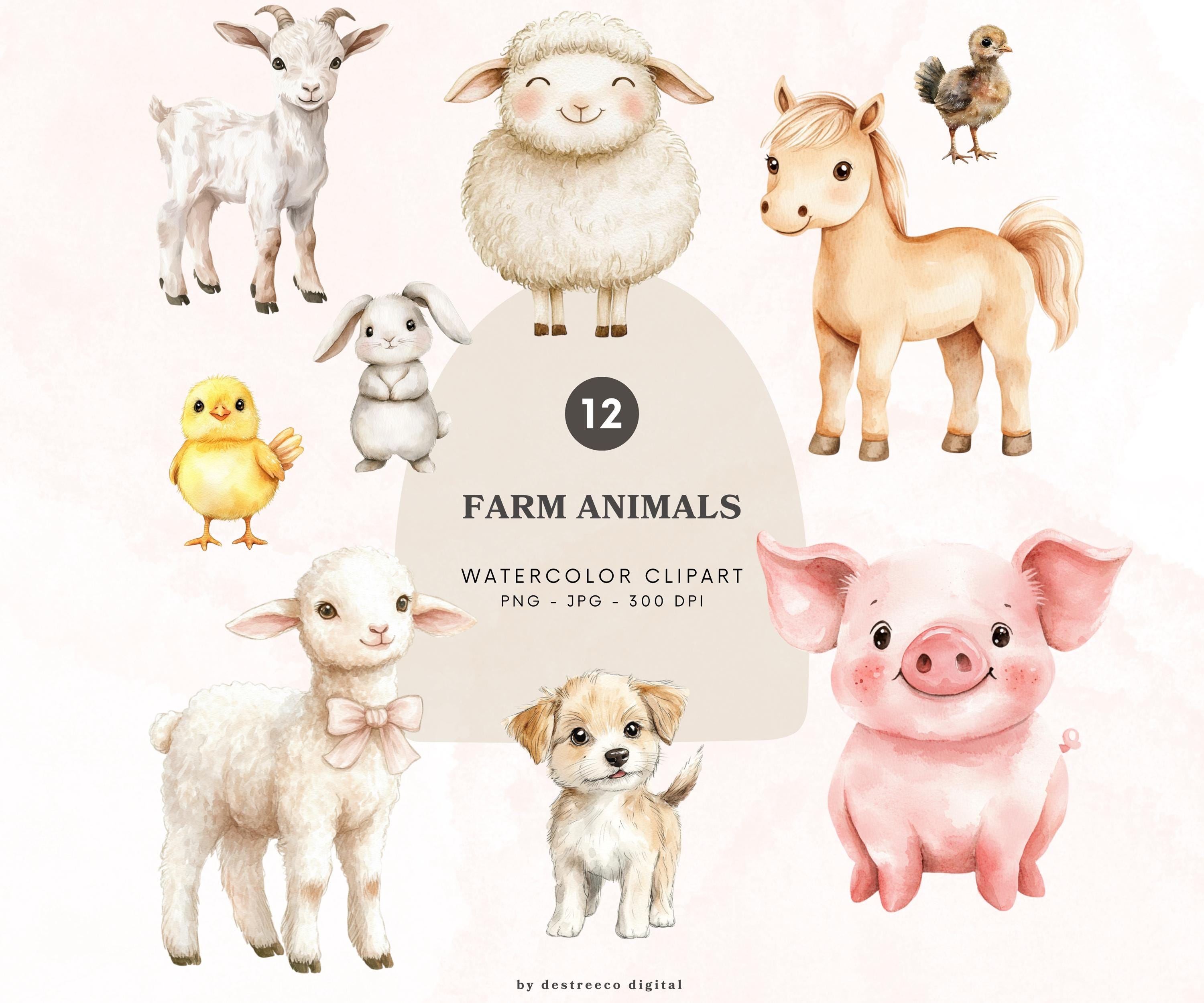 Farm Animals Clipart, Cute Watercolor Farm Animals, Pig Cow Horse ...