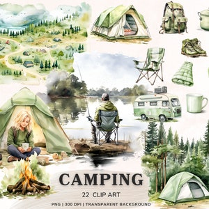 Paquete de imágenes prediseñadas de camping de acuarela, fogata png camping, tienda de campaña, linterna, mochila, bosque png, campers clipart, senderismo descarga digital