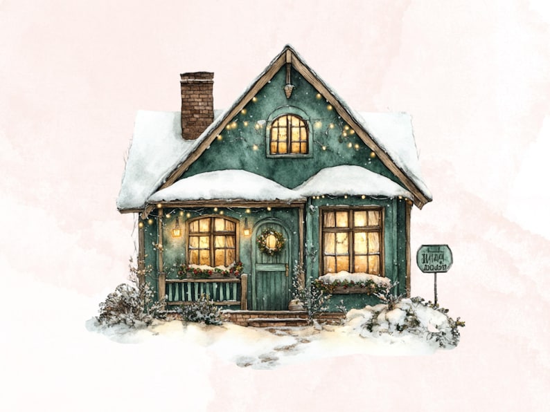 May include: A green cottage with snow on the roof and a wreath on the door. The cottage has lights strung around the eaves and windows. The sign on the right says "The Happy Door".