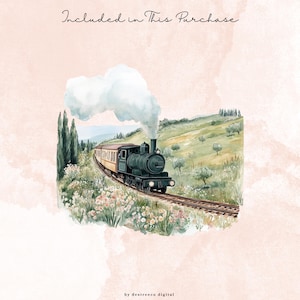 May include: Watercolor illustration of a vintage steam train traveling through a scenic landscape. The train is dark green with yellow passenger cars, billowing white smoke, and is set against a backdrop of rolling hills, trees, and wildflowers. The text "Included in This Purchase" is at the top.