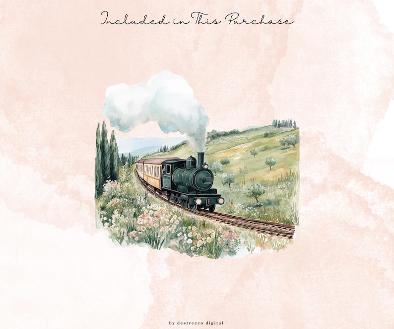 May include: Watercolor illustration of a vintage steam train traveling through a scenic landscape. The train is dark green with yellow passenger cars, billowing white smoke, and is set against a backdrop of rolling hills, trees, and wildflowers. The text "Included in This Purchase" is at the top.