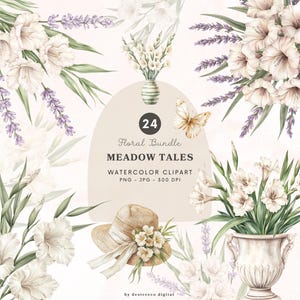 Paquete floral de acuarela Meadow Tales (en formato PNG), clipart floral estilo cottagecore, flores de verano, estética floral, gladiolos (en formato PNG), descarga digital
