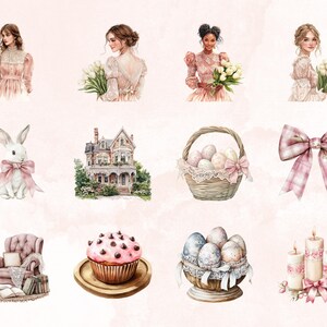 May include: A collection of watercolour illustrations featuring a variety of Easter themes, including a white rabbit with a pink bow, a basket of colourful eggs, a house with a porch, a cupcake with pink frosting and chocolate chips, a bowl of eggs, a woman in a pink dress holding a bouquet of white flowers, and a pair of candles with a pink bow.