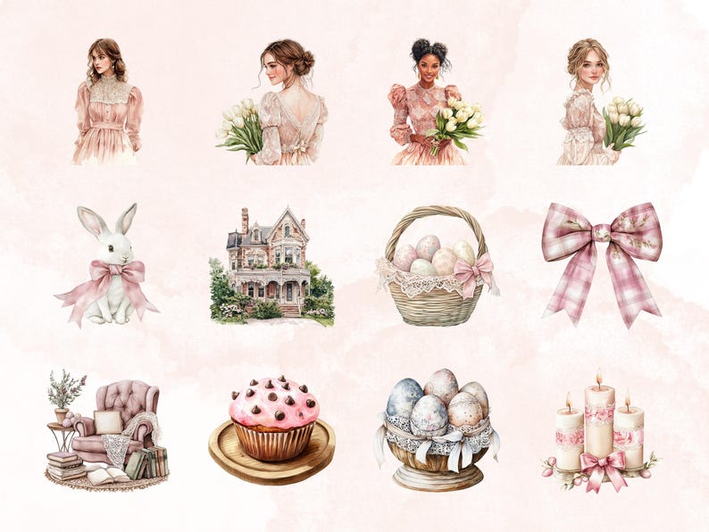 May include: A collection of watercolour illustrations featuring a variety of Easter themes, including a white rabbit with a pink bow, a basket of colourful eggs, a house with a porch, a cupcake with pink frosting and chocolate chips, a bowl of eggs, a woman in a pink dress holding a bouquet of white flowers, and a pair of candles with a pink bow.