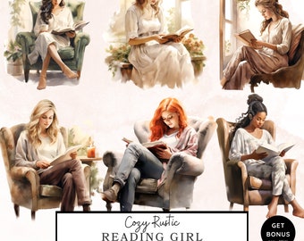 Reading Girl Clipart, Bookworm Clipart, Cozy Aesthetic Png, Rustic Planner Girl Clipart, Printable Watercolor Clipart, Digital Download
