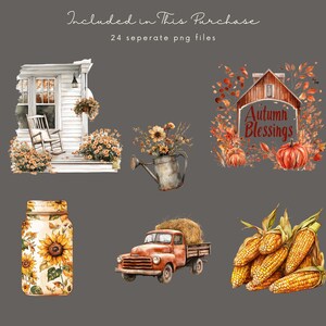 May include: Watercolor illustrations of autumn scenes, including a farmhouse, pumpkins, sunflowers, a vintage truck, and corn. The text "Included in This Purchase" and "Autumn Blessings" are also visible.