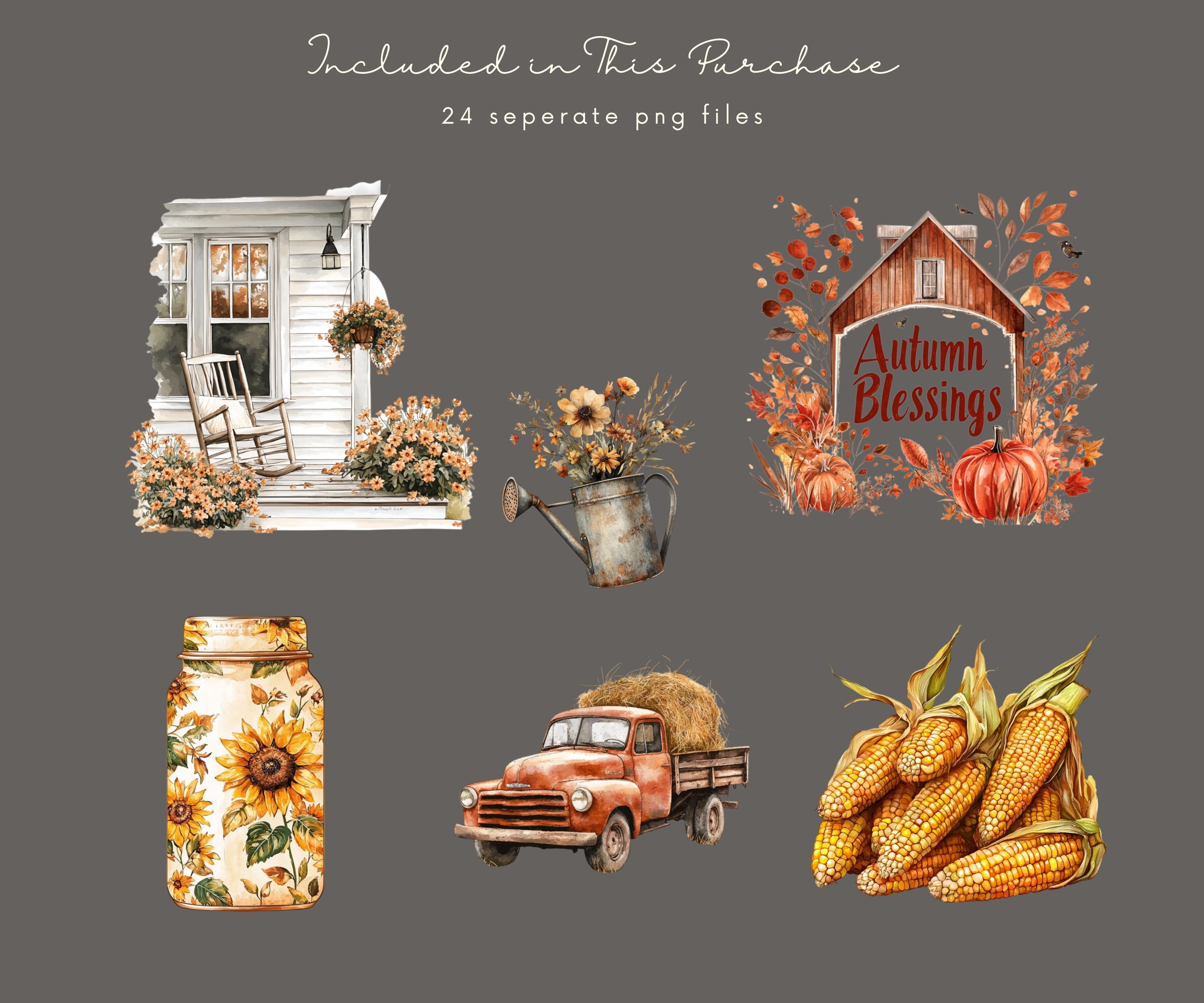 Watercolor Farmhouse Autumn Clipart, Cozy Fall Clipart, Autumn Harvest ...