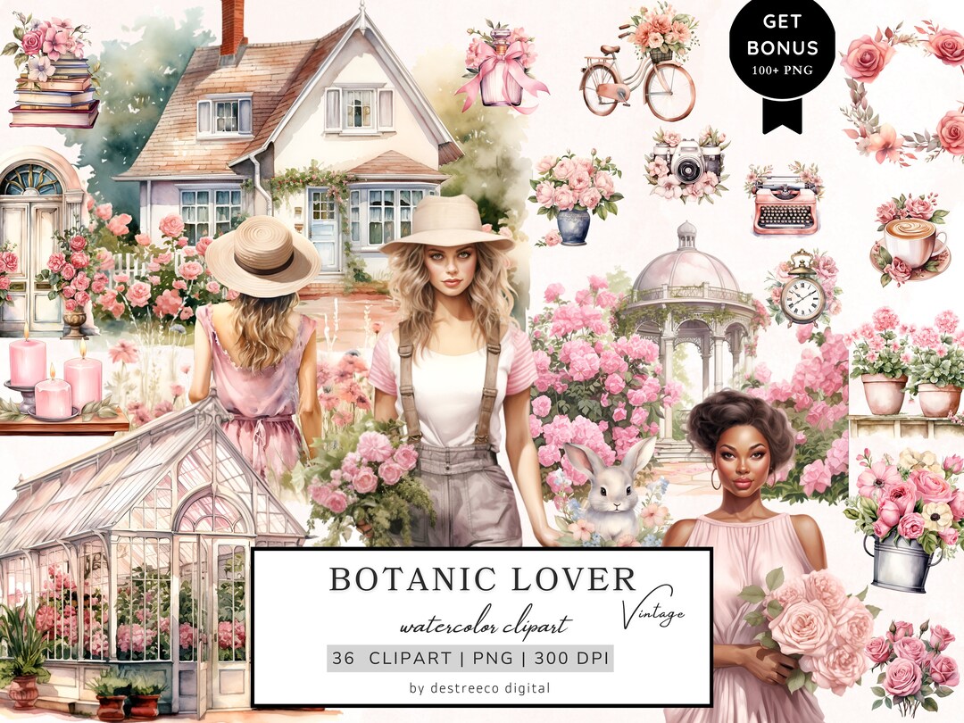 Watercolor Vintage Botanic Lover Clipart, Cozy Spring Clipart ...