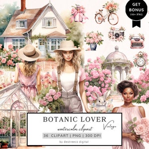 Acquerello Vintage Botanic Lover Clipart, Accogliente Clipart primaverile, Fiori di campo Clipart Png, Clipart botanico, Clipart Cottagecore, Supporti misti