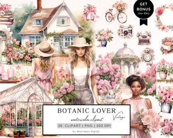 May include: A watercolor clipart set featuring a vintage cottage, a greenhouse, a gazebo, and women in floral dresses and hats. The set includes 36 images in PNG format at 300 DPI. The images are perfect for creating invitations, cards, and other digital projects.