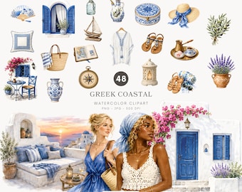 Aquarell griechischen Küste Clipart, Santorini Sommer PNG, Mittelmeer Reise Grafiken, blau weiß Clip Art - 576