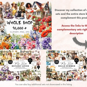 May include: A digital illustration of a watercolor clipart bundle featuring a variety of images, including women, flowers, houses, and other nature-inspired elements. The bundle is titled "Botanic Lover" and "Hello Summer" and includes over 200 images. The text "Whole Shop 10,000+ Clipart, PNG, JPG" is also visible in the image.