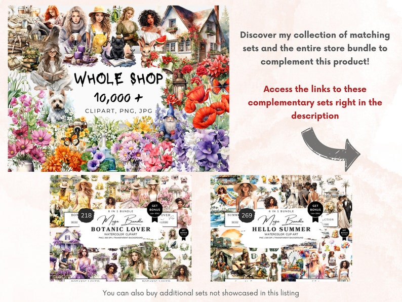 May include: A digital illustration of a watercolor clipart bundle featuring a variety of images, including women, flowers, houses, and other nature-inspired elements. The bundle is titled "Botanic Lover" and "Hello Summer" and includes over 200 images. The text "Whole Shop 10,000+ Clipart, PNG, JPG" is also visible in the image.