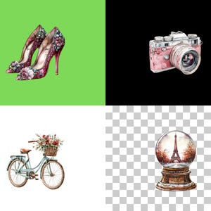 May include: A collage of four images: a pair of floral high-heeled shoes, a pink camera, a bicycle with a basket of flowers, and a snow globe with the Eiffel Tower inside.