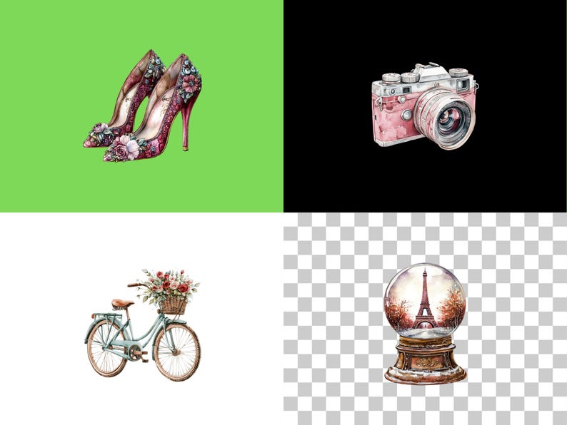 May include: A collage of four images: a pair of floral high-heeled shoes, a pink camera, a bicycle with a basket of flowers, and a snow globe with the Eiffel Tower inside.