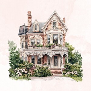 May include: A watercolour painting of a Victorian-style house with a white porch and intricate details. The house is painted in shades of brown and red, with green trees and bushes surrounding it.
