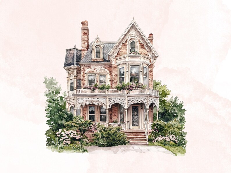 May include: A watercolour painting of a Victorian-style house with a white porch and intricate details. The house is painted in shades of brown and red, with green trees and bushes surrounding it.
