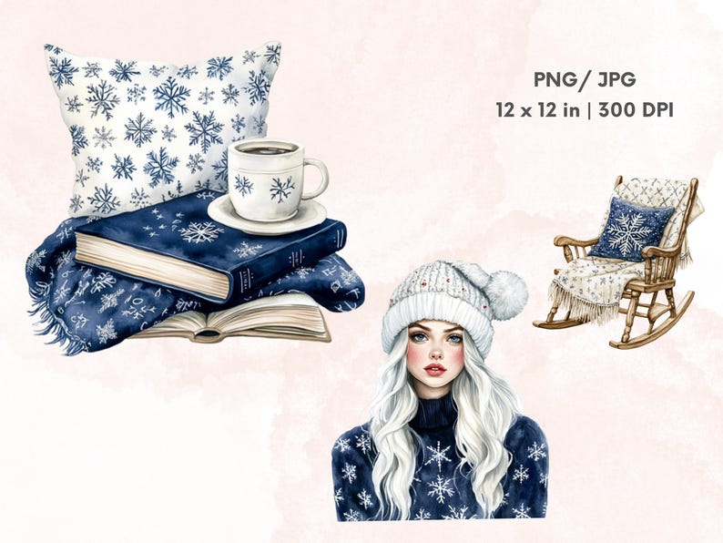 May include: Watercolor illustration featuring a cozy winter theme. Includes a pillow, blanket, and books with snowflake patterns, a mug of coffee, a rocking chair, and a woman wearing a snowflake sweater and hat. The image is 12 x 12 inches.