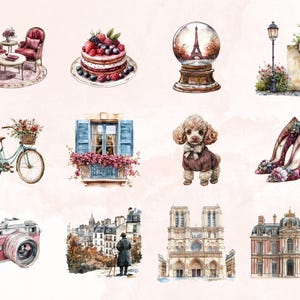 May include: A watercolor illustration of Parisian-themed items, including a cake with berries, a snow globe with the Eiffel Tower, a bicycle with flowers, a window with shutters, a poodle wearing a sweater, a pair of high-heeled shoes, a camera, a street scene with a painter, the Notre Dame Cathedral, and a building with a balcony.