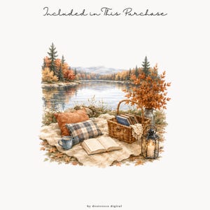 K&ouml;nnte beinhalten: Aquarellillustration eines Herbstpicknicks an einem See. Mit Picknickkorb, Kissen, Decke, offenem Buch, Tasse und Laterne mit brennender Kerze. Der Text "Included in This Purchase" steht oben.