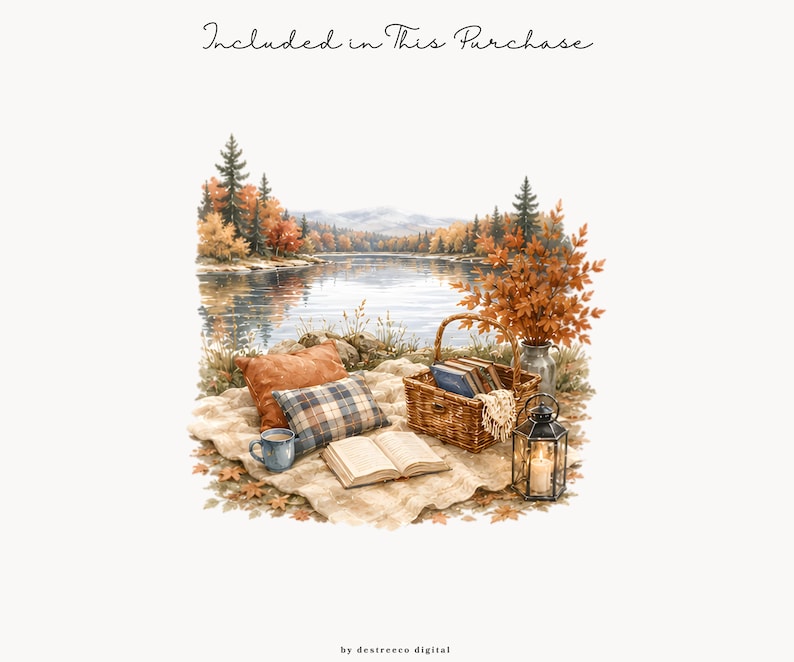 K&ouml;nnte beinhalten: Aquarellillustration eines Herbstpicknicks an einem See. Mit Picknickkorb, Kissen, Decke, offenem Buch, Tasse und Laterne mit brennender Kerze. Der Text "Included in This Purchase" steht oben.