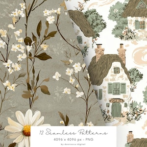 May include: A set of 12 seamless patterns featuring cottagecore illustrations. The patterns include white flowers, green foliage, and stone cottages with thatched roofs. The patterns are 4096 x 4096 pixels and are in PNG format.